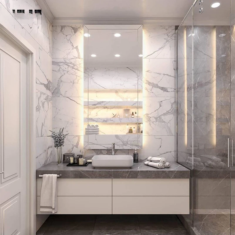 Mueble de baño moderno de lujo con tablero de roca, unidad de baño pequeña, lavabo, madera maciza, - imagen 2