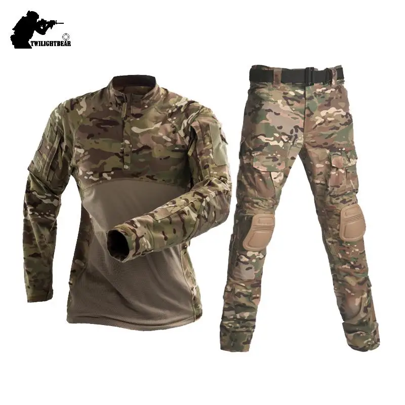Trajes tácticos de camuflaje Airsoft, uniforme militar de manga larga, conjunto de ropa de combate Flog con múltiples bolsillos y rodilleras A2F218