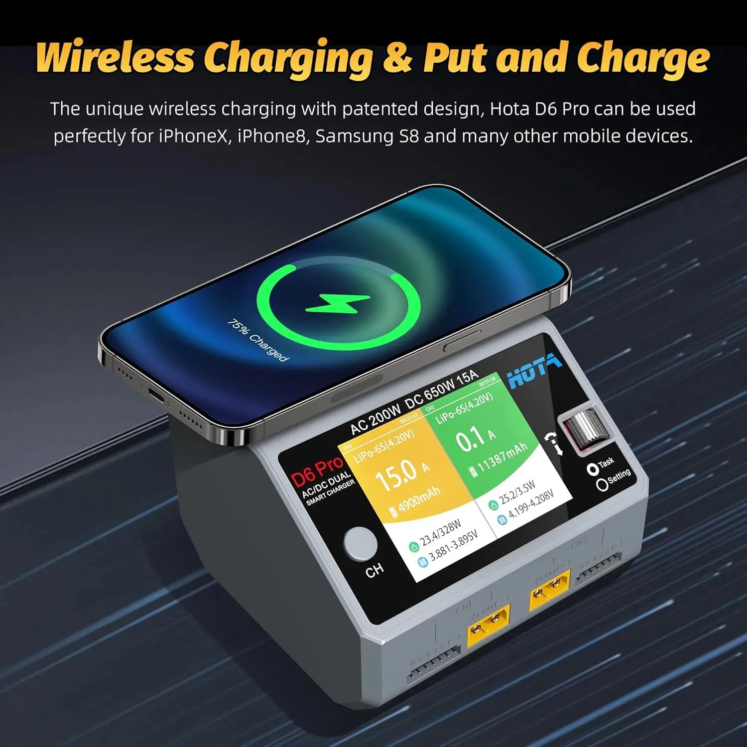 Cargador inteligente D6 de doble canal 2 * DC325W 15A para batería Lipo LiIon NiMH con carga inalámbrica de teléfono-Gris - imagen 5