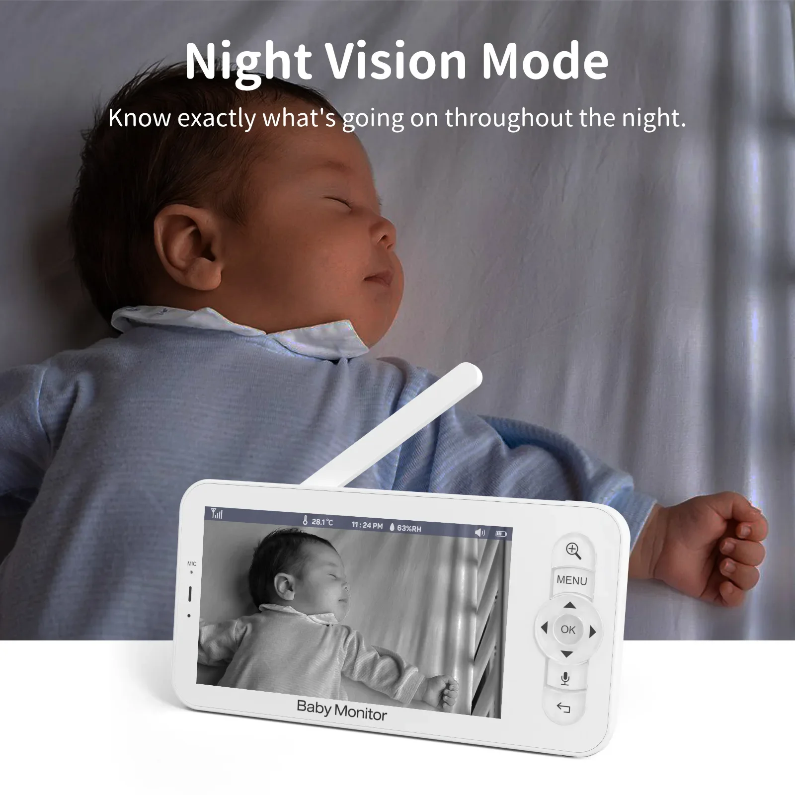 B5 Monitor de bebé teléfono de bebé cámara de vídeo para bebé Bebe Nanny HD 5 pulgadas LCD conversación bidireccional PTZ canciones de cuna monitoreo de Audio y vídeo - imagen 3