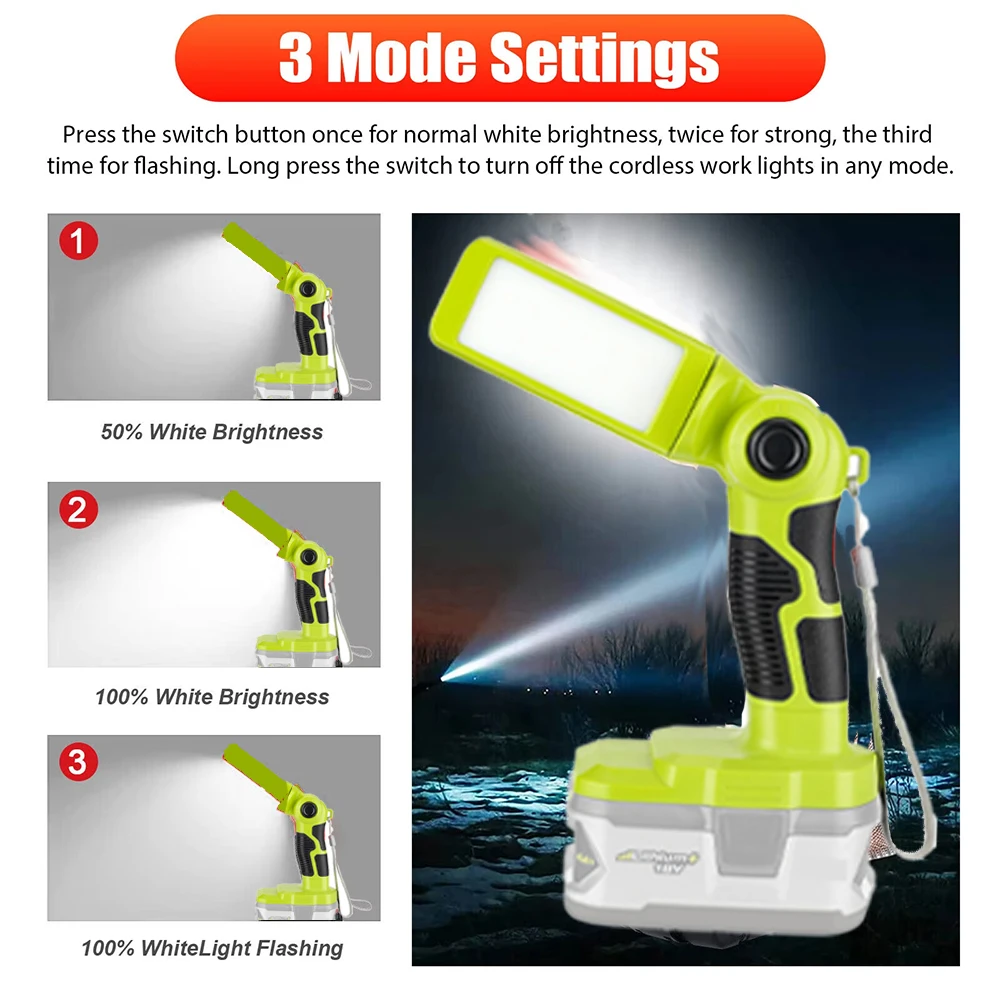 Nueva luz LED de trabajo para Ryobi, batería de 18V, 12W, 1000LM, linterna portátil con protección de bajo voltaje para Camping, taller y garaje - imagen 3