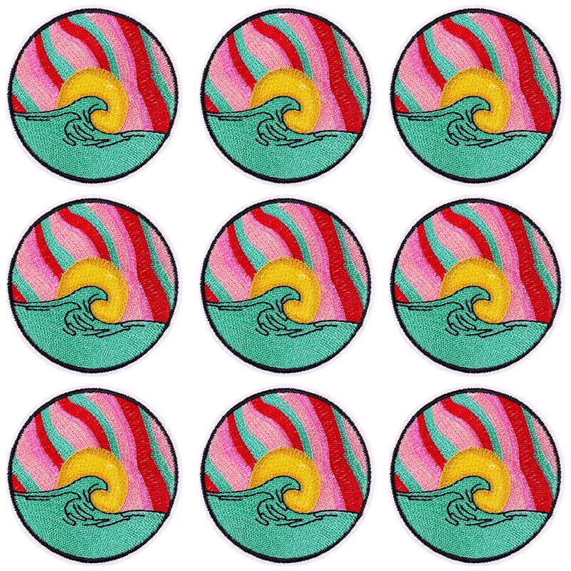 Parches bordados de paisaje de olas para ropa, parches termoadhesivos para ropa, Parche de naturaleza, bucle de gancho, 10 piezas por lote - imagen 2