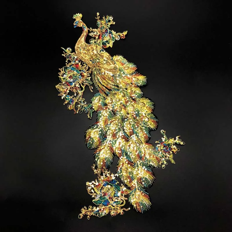 47*26 CM/parches de apliques de lentejuelas doradas termocollant, Phoenix, tela de parche de hierro de pavo real, bordado de encaje para vestido, Cheongsam