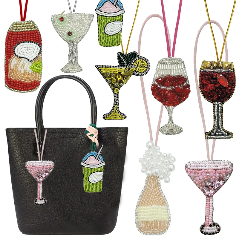 Parche de cuentas hecho a mano, colgante para bolsa de copa de vino, decoración de bebidas, parches de cuentas, accesorios, diamantes de imitación con cuerda - imagen 2