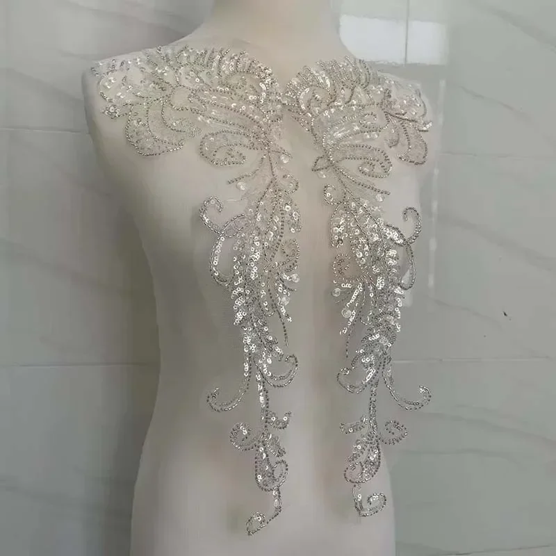 1 par/45*16CM flor blanca tubo de diamantes de imitación con cuentas lentejuelas bordado parche para coser, apliques de corpiño de encaje coser en parches para vestido - imagen 4