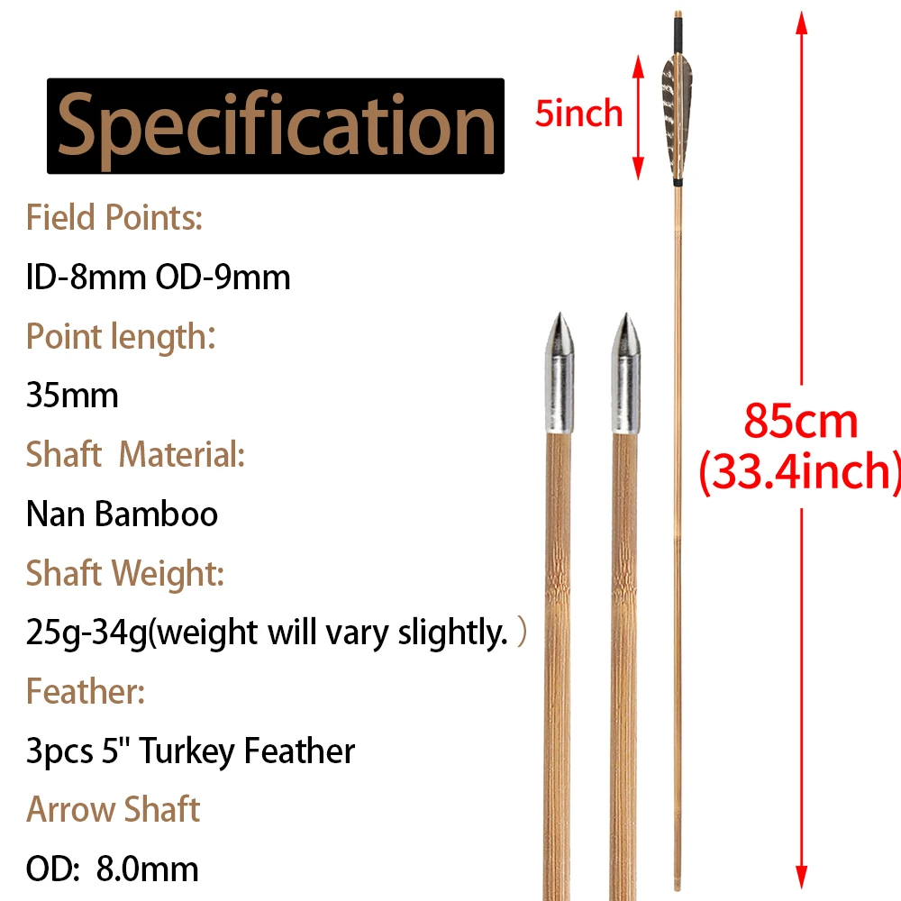 6/12 Uds flecha de bambú 85cm OD 8mm eje tiro con arco plumas reales 125 puntas de grano arco largo arco tradicional caza tiro objetivo flecha - imagen 3