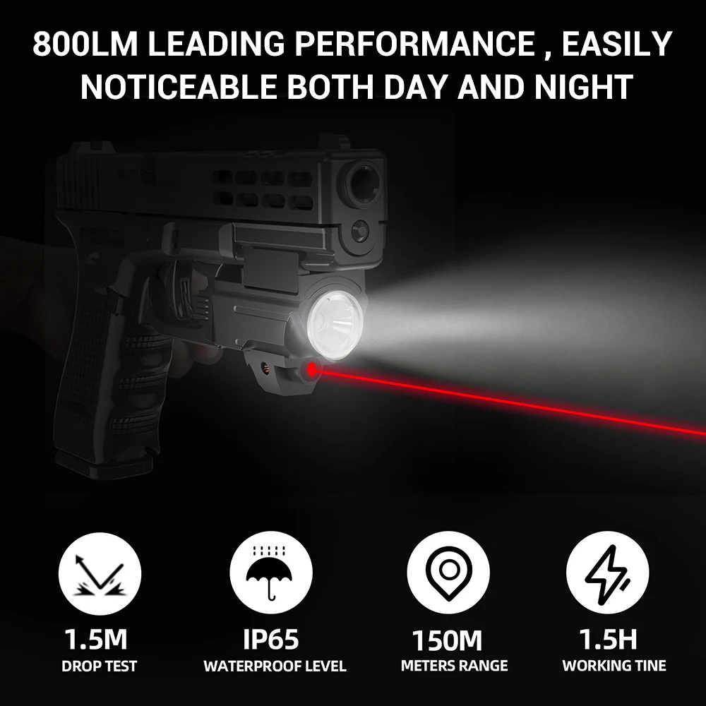 Luz láser roja recargable para pistola, 800 lúmenes, Combo de mira, linterna para pistola, pistola, Rifles - imagen 2