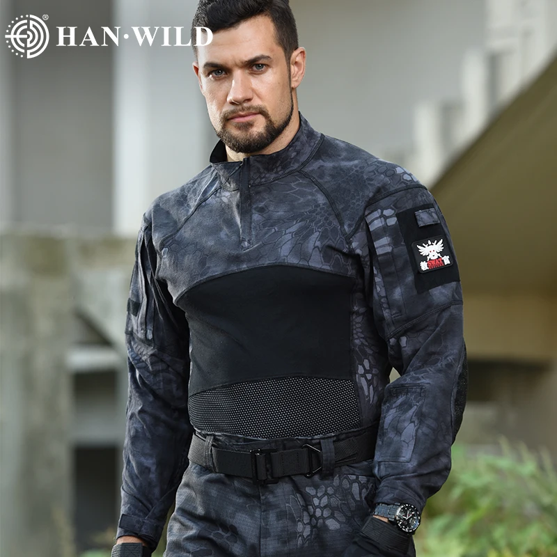 Camisa de combate de manga larga para hombre, camisetas de algodón Ripstop con cremallera 1/4, camisetas tácticas de camuflaje, camisetas deportivas Airsoft para senderismo