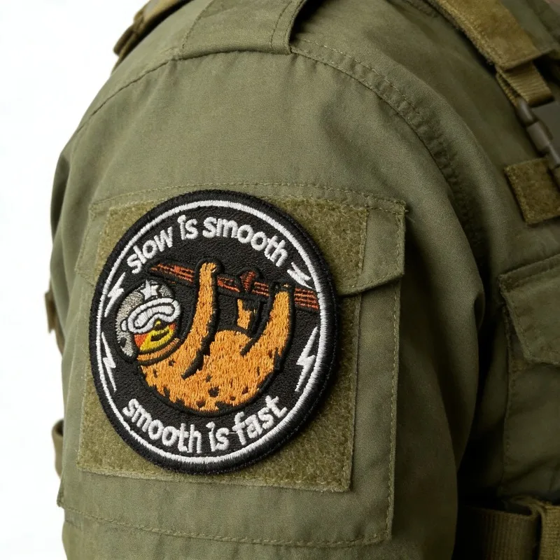 Parche táctico bordado mapache – Velcro con lema slow is smooth - imagen 4