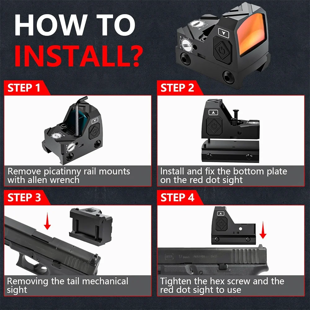 Mira de punto rojo MOA, mira óptica de punto rojo despierta por movimiento, mira réflex con 12 ajustes de brillo para rieles Picatinny de 20mm - imagen 5
