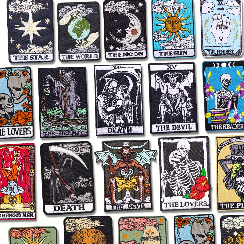 Parche bordado Punk de la serie Tarot, parches para planchar para ropa, parches termoadhesivos DIY, insignias para coser calavera/Tarot de animales y gatos