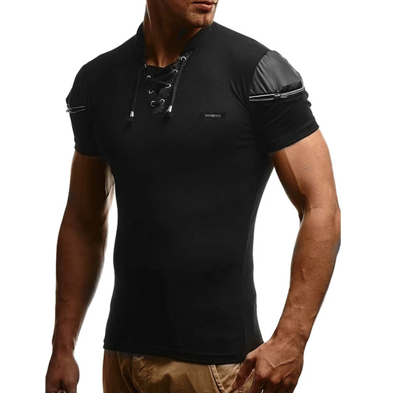 Camiseta de algodón con cuello en V para hombre, camisetas de manga corta transpirables de Color sólido, camisetas ajustadas informales de moda, ropa de calle de talla grande - imagen 3