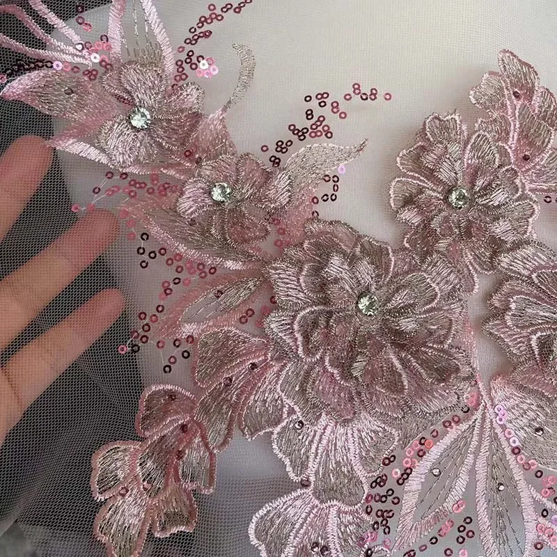Parche de costura de corpiño de flor 3d, tela de encaje de diamantes de imitación de lentejuelas, bordado Floral, parches para coser para vestido de novia, 35x22CM - imagen 5