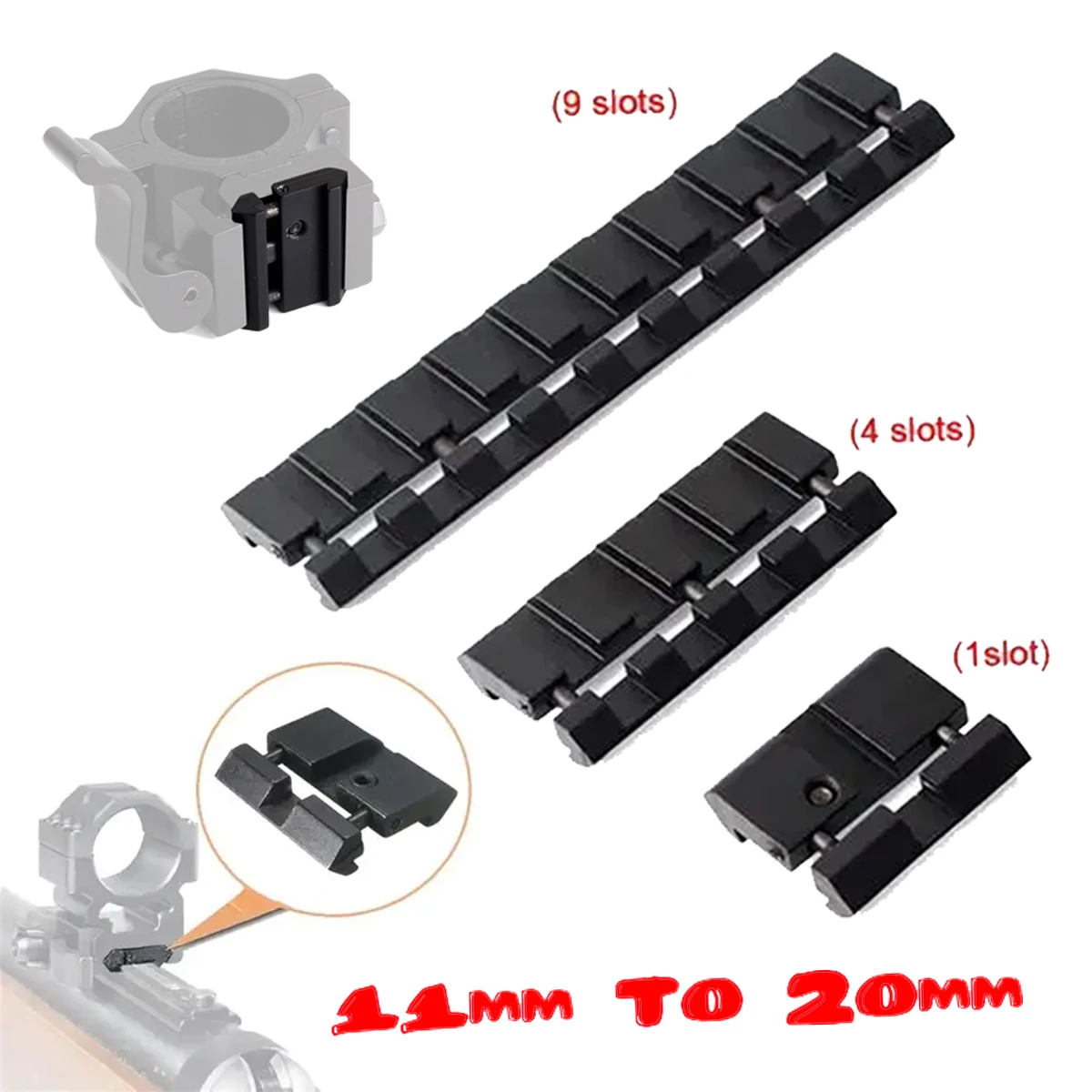 Soportes para Rifle tácticos de 25mm, 45mm, 95mm, 125mm de longitud, 9/14 ranuras, 11mm a 20mm, alcance Picatinny, Base de montaje adaptadora de riel de cola de milano - imagen 4