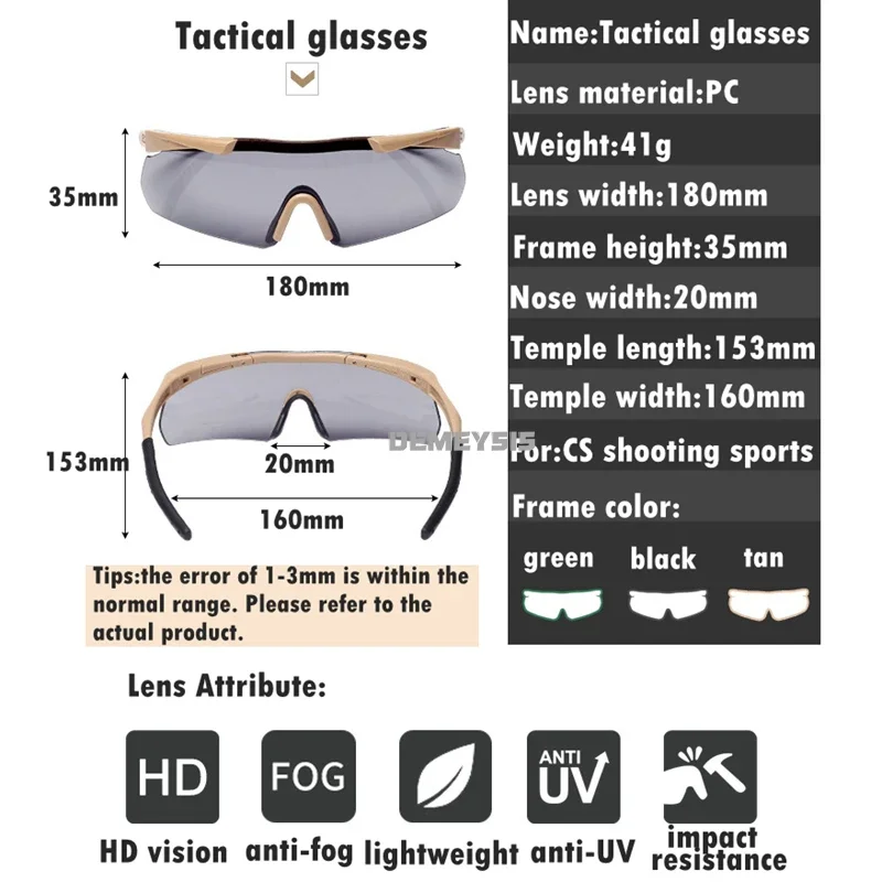Gafas tácticas con 3 lentes intercambiables, protección ocular UV400 para Airsoft Paintball, rango de tiro, seguridad, senderismo - imagen 2