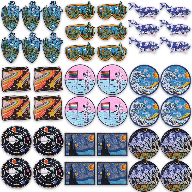 10 unids/lote parche bordado de aventura al aire libre estilo Van Gogh parches para planchar diseño artístico de galaxia espacial parche para coser para mochila
