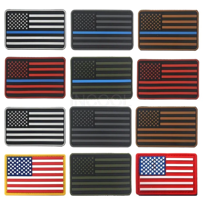 Parches de goma de PVC con bandera de Estados Unidos de América, gancho fino de línea azul y roja, brazalete luminoso trasero, insignias decorativas para hombros - imagen 3