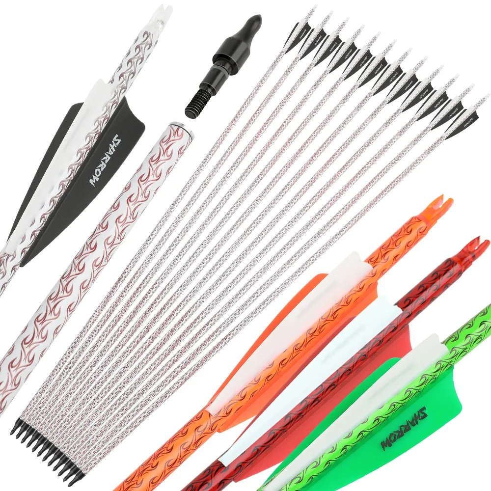 6/12 Uds flechas de carbono mixtas 500 columna vertebral 100 punta de flecha de grano pluma de goma de 3 pulgadas para arco compuesto arco recurvo entrenamiento de caza