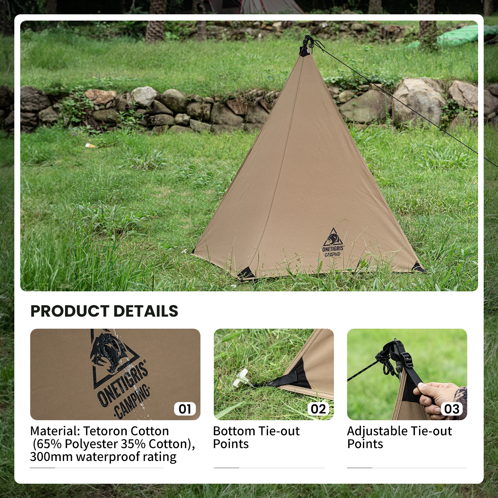 OneTigris-Lona de supervivencia para acampar, lona de viento de algodón de terileno, resistente, T/C para fogatas y espacios de cocina al aire libre - imagen 5