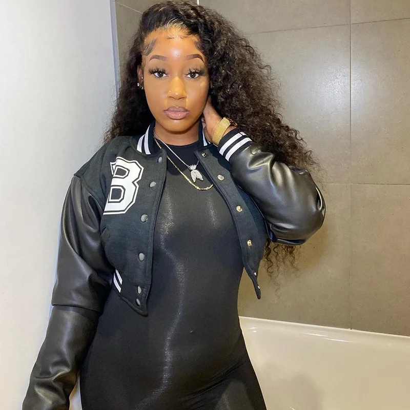 Uniforme de béisbol con estampado de letras para mujer, chaqueta Bomber de retales de cuero PU, abrigo informal, Tops cortos - imagen 5