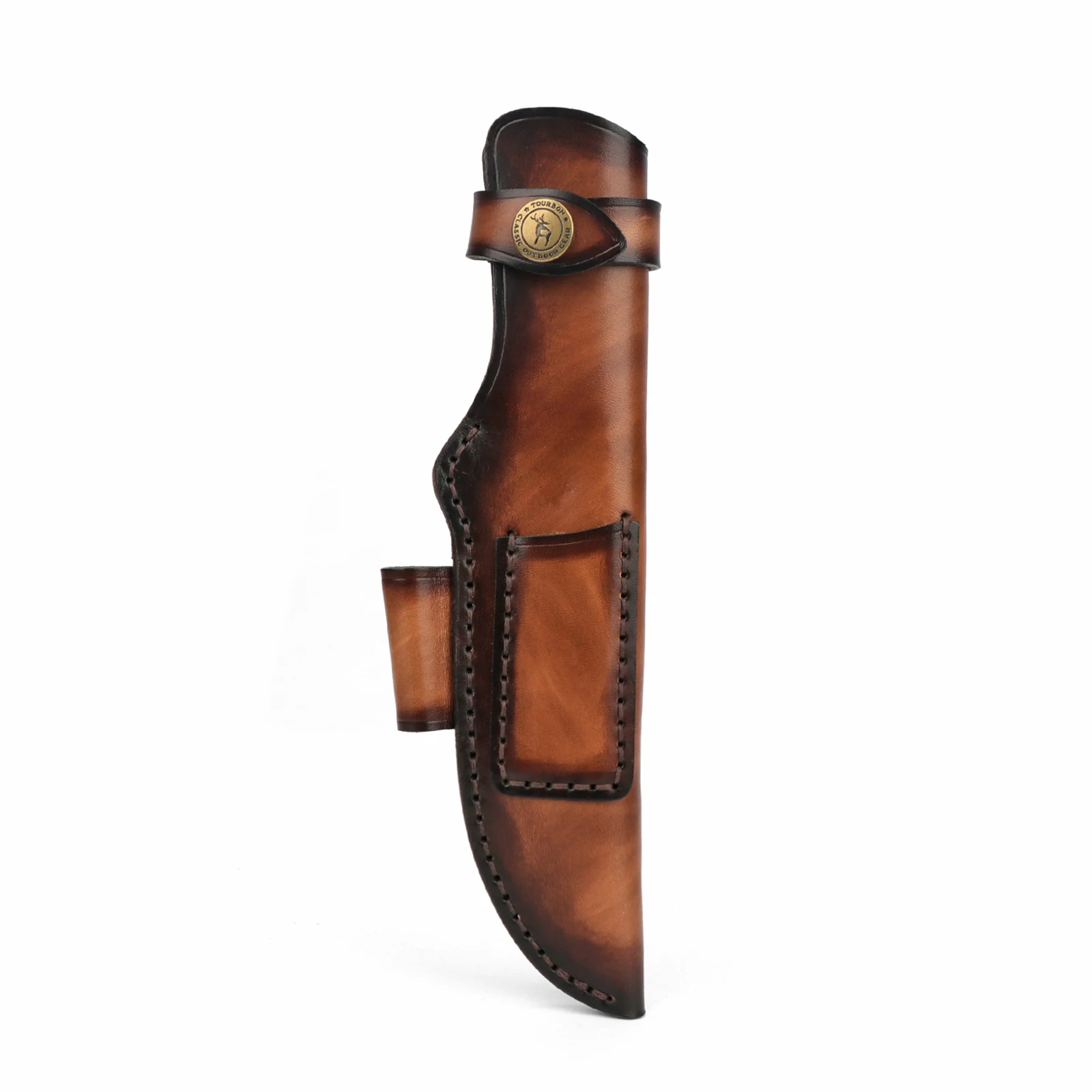 Tourbon Funda para cuchillos de cuero grueso para caza, cubierta para cuchillos de hoja fija hecha a mano con cierre de botón, lazo para cinturón, color marrón - imagen 2