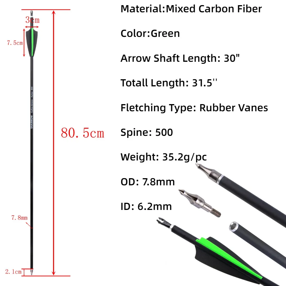 ID 6,2mm tiro con arco flecha de carbono 6/12/24 Uds 31,5 pulgadas Spine500 flecha 100 puntos de grano arco tiro al aire libre práctica de caza objetivo - imagen 2