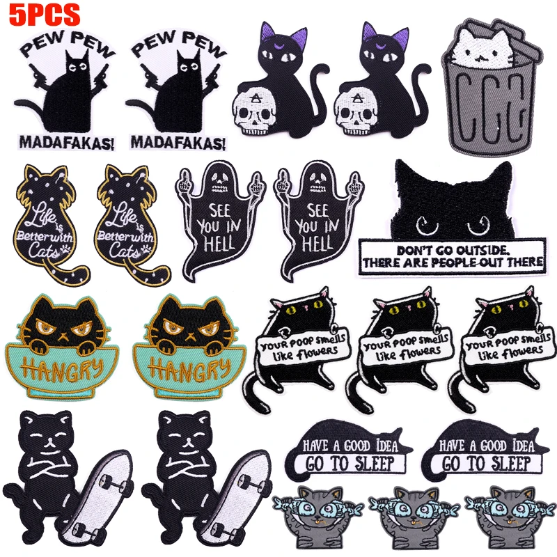 Parche bordado de gato negro, 5 uds., parche de animales de dibujos animados DIY, parches para planchar para ropa, chaquetas, sombreros, insignias bordadas de costura - imagen 2
