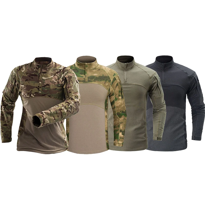 Camisa de combate táctico de camuflaje para hombre, camisas de uniforme de algodón elástico con cremallera 1/4, camiseta de camuflaje de manga larga transpirable, ropa de malla - imagen 3