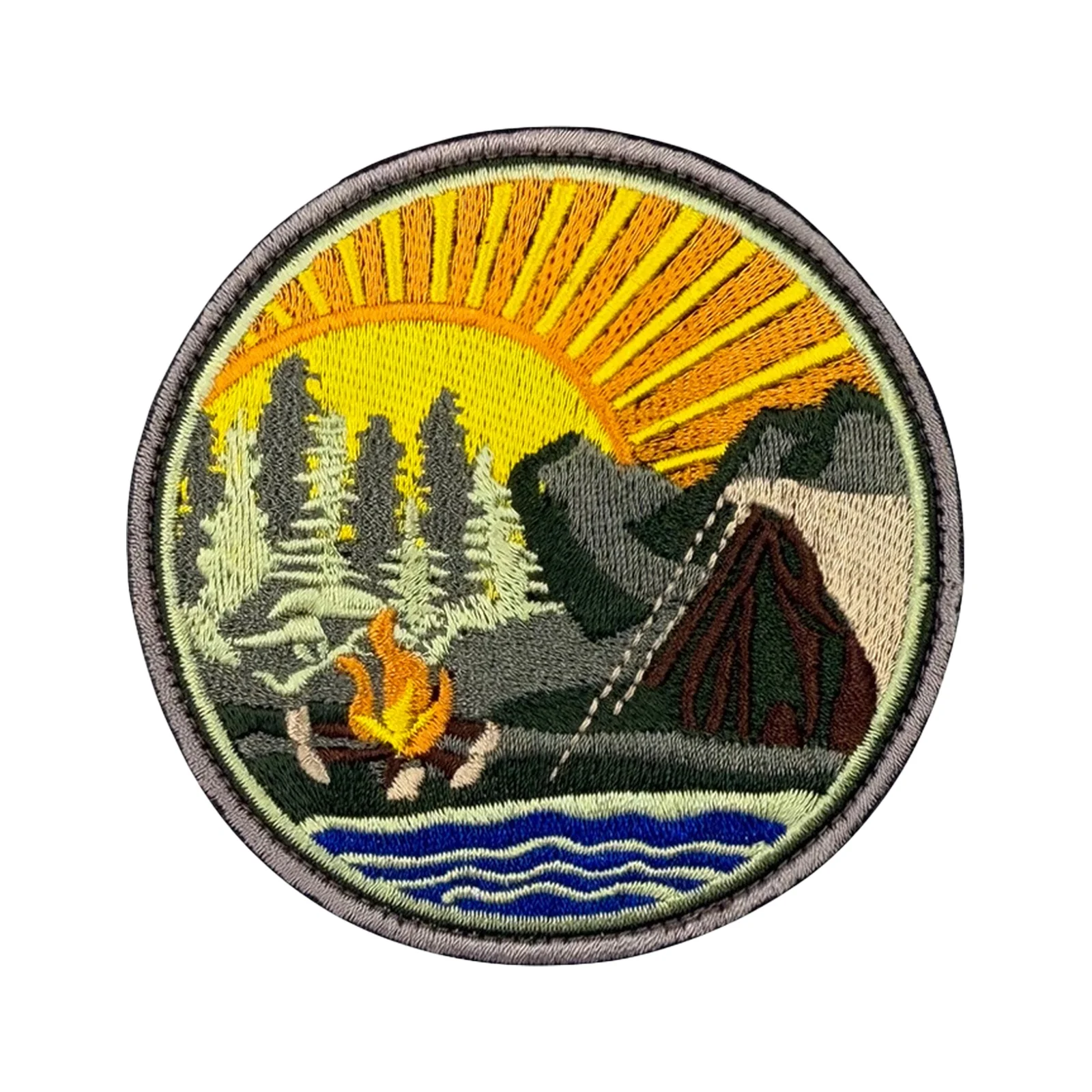 Parche de Velcros con paisaje de amanecer para acampar, insignia bordada con cierre de gancho y bucle para exteriores, mochila táctica Molle, chaqueta y gorras