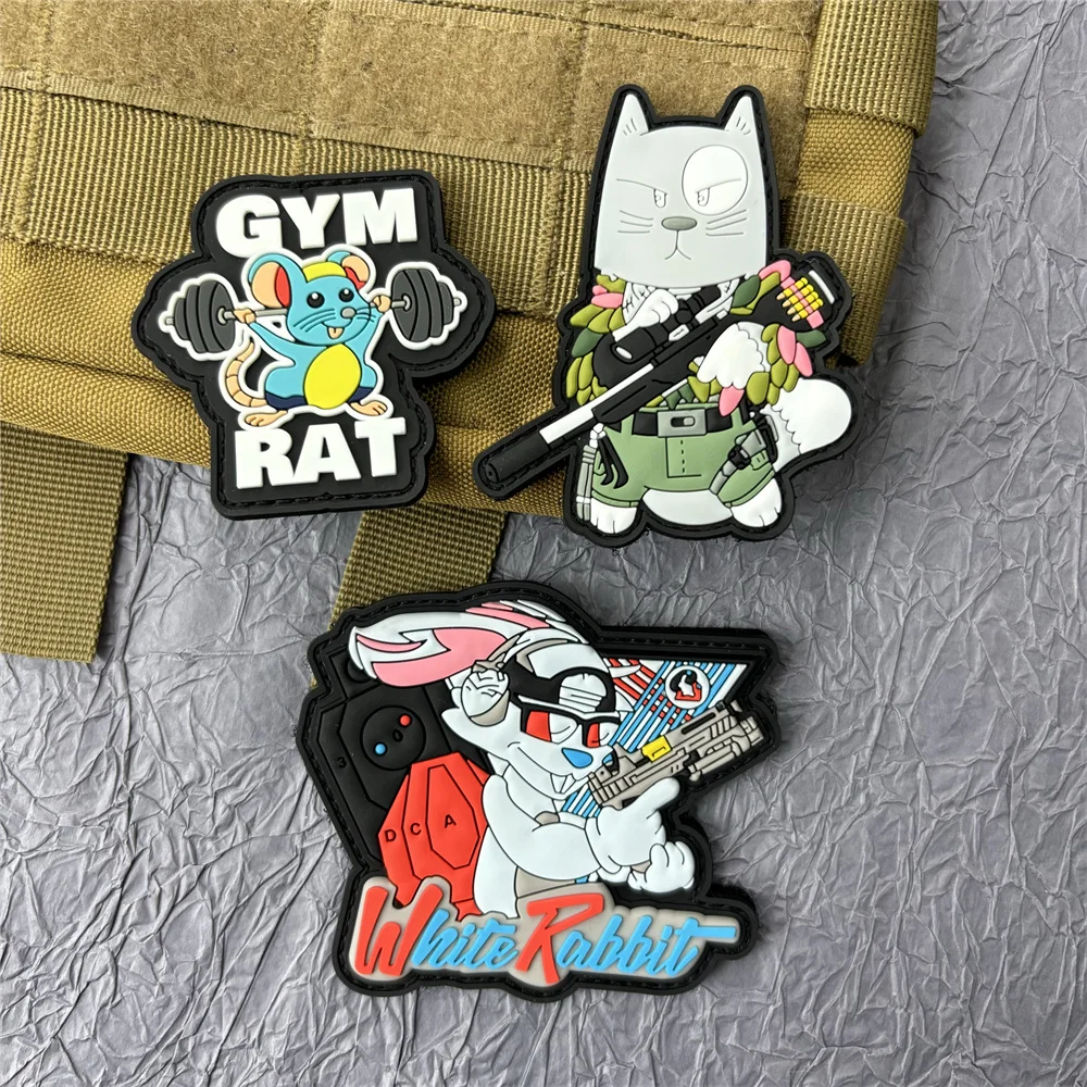 Parche de PVC de rata de gimnasio para ropa, pegatinas de gato, conejo, parches tácticos militares, mochila, gancho y bucle, Wappen - imagen 2