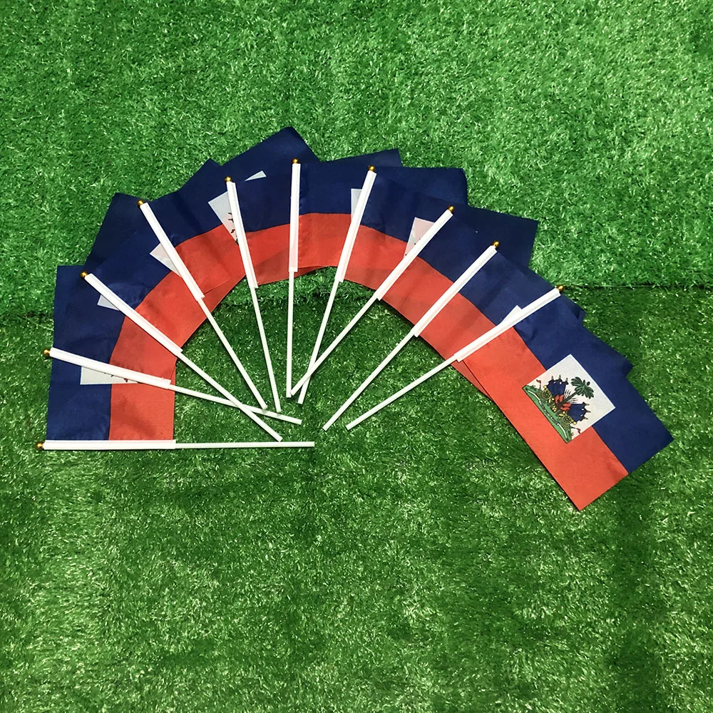 SKY FLAG Bandera de mano de Haití 14x21cm 10/20/50/100 Uds poliéster penetración de doble cara HT Bandera ondulada de mano de Haití con poste de plástico