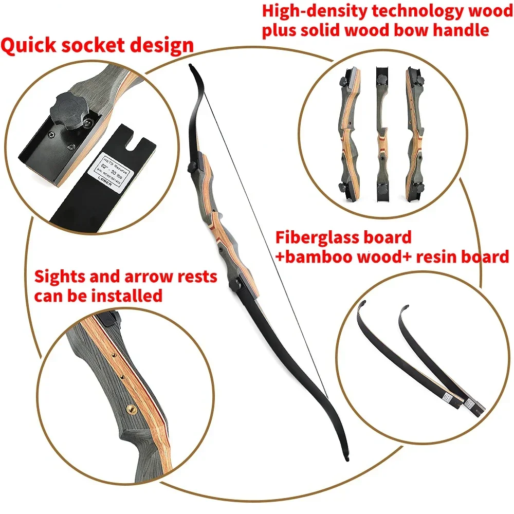 Arco recurvo de Tiro con Arco americano para mano derecha, accesorios de caza, 62 pulgadas, 30-50 libras - imagen 5