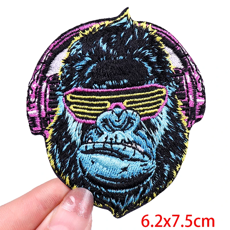 Parche bordado de animales con gafas y auriculares, parche de dinosaurio/mono, parches para planchar para ropa, pegatinas para coser chaqueta DIY - imagen 5