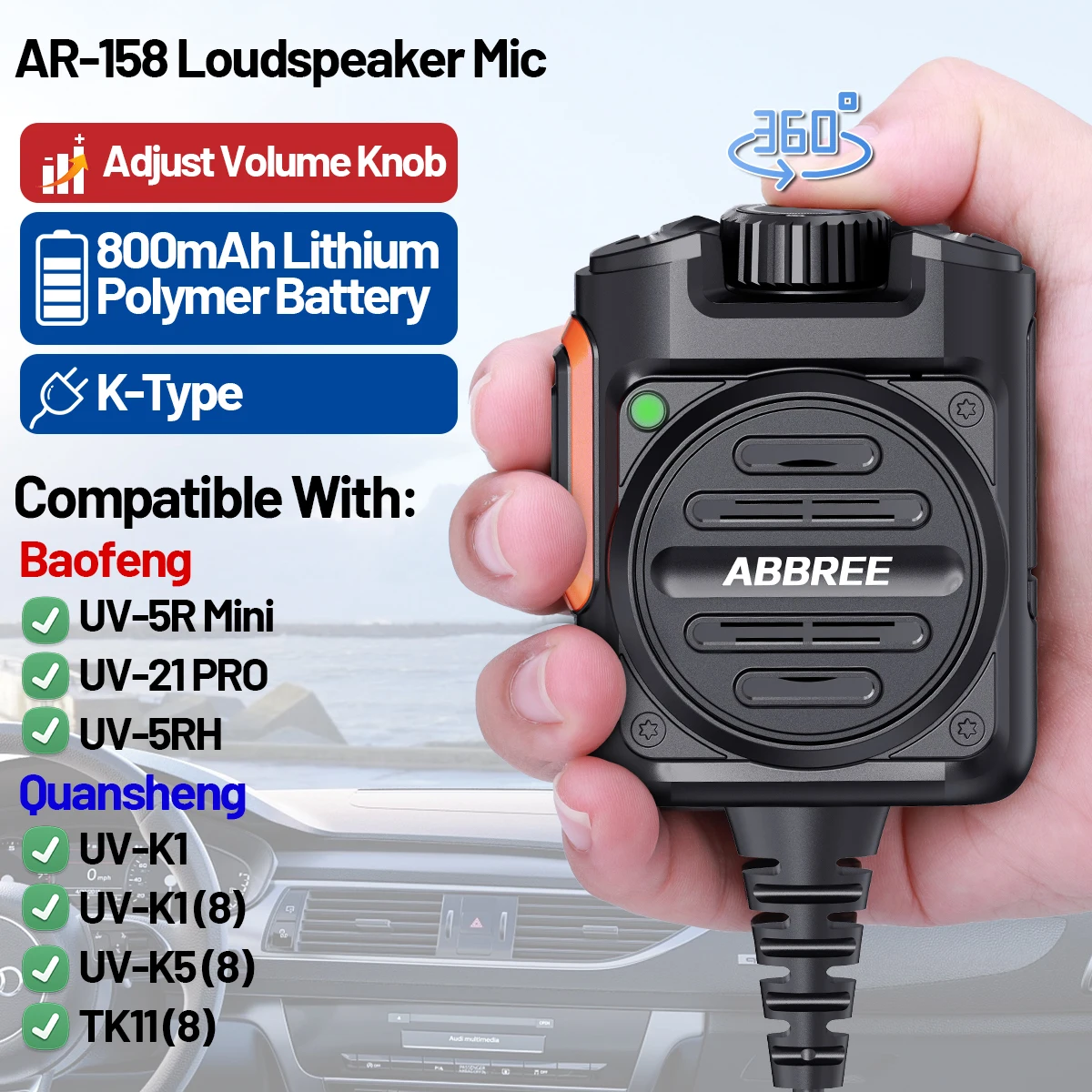 ABBREE AR-158 Altavoz Micrófono Tipo K – Radioaficionado y Coche Outdoor