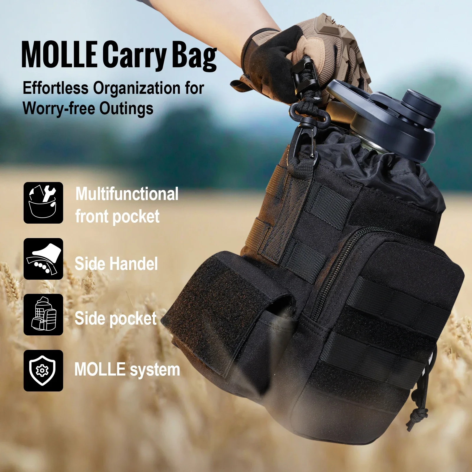 OneTigris Botella de agua aislada de acero inoxidable de 64 oz con bolsa MOLLE 360 °   A prueba de fugas 24 horas calientes 48 horas de frío - imagen 2