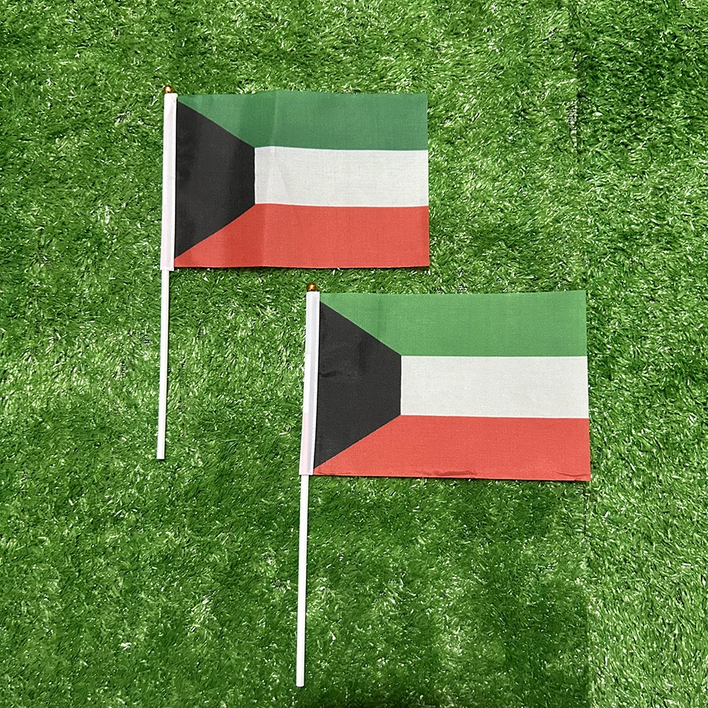 Bandera de la SKY, bandera de mano de Kuwait, 10/20/50/100 Uds., 21x14cm, banderas ondeantes de mano de Kuwait con poste de plástico para actividades deportivas, decoración del hogar - imagen 2