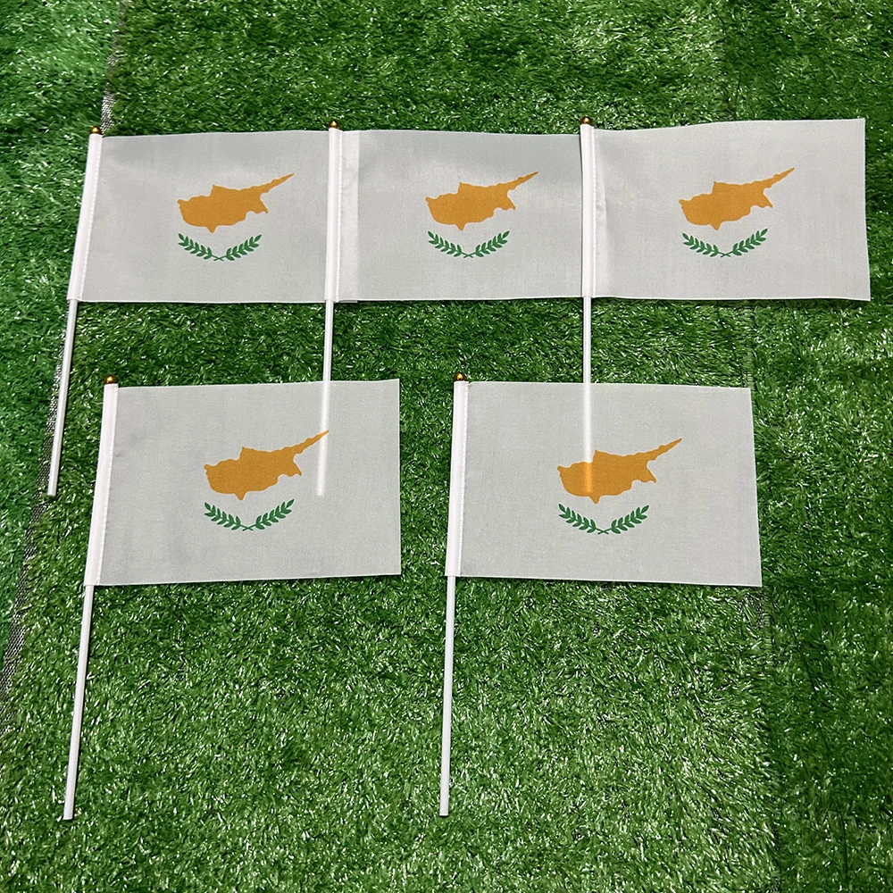 Bandera del cielo, bandera de mano de Chipre, 10/20/50/100 Uds., 21x14cm, banderas onduladas de mano de Chipre con poste de plástico para actividades deportivas, decoración del hogar
