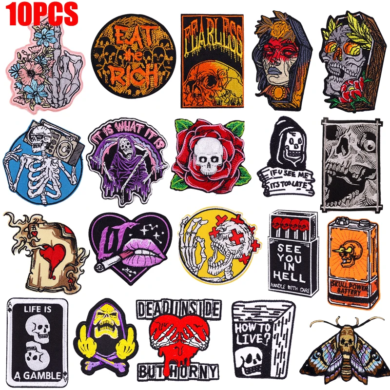 10 unids/lote, venta al por mayor, parche Punk/cráneo bordado, parches para planchar DIY para ropa, parches termoadhesivos para coser insignias - imagen 2