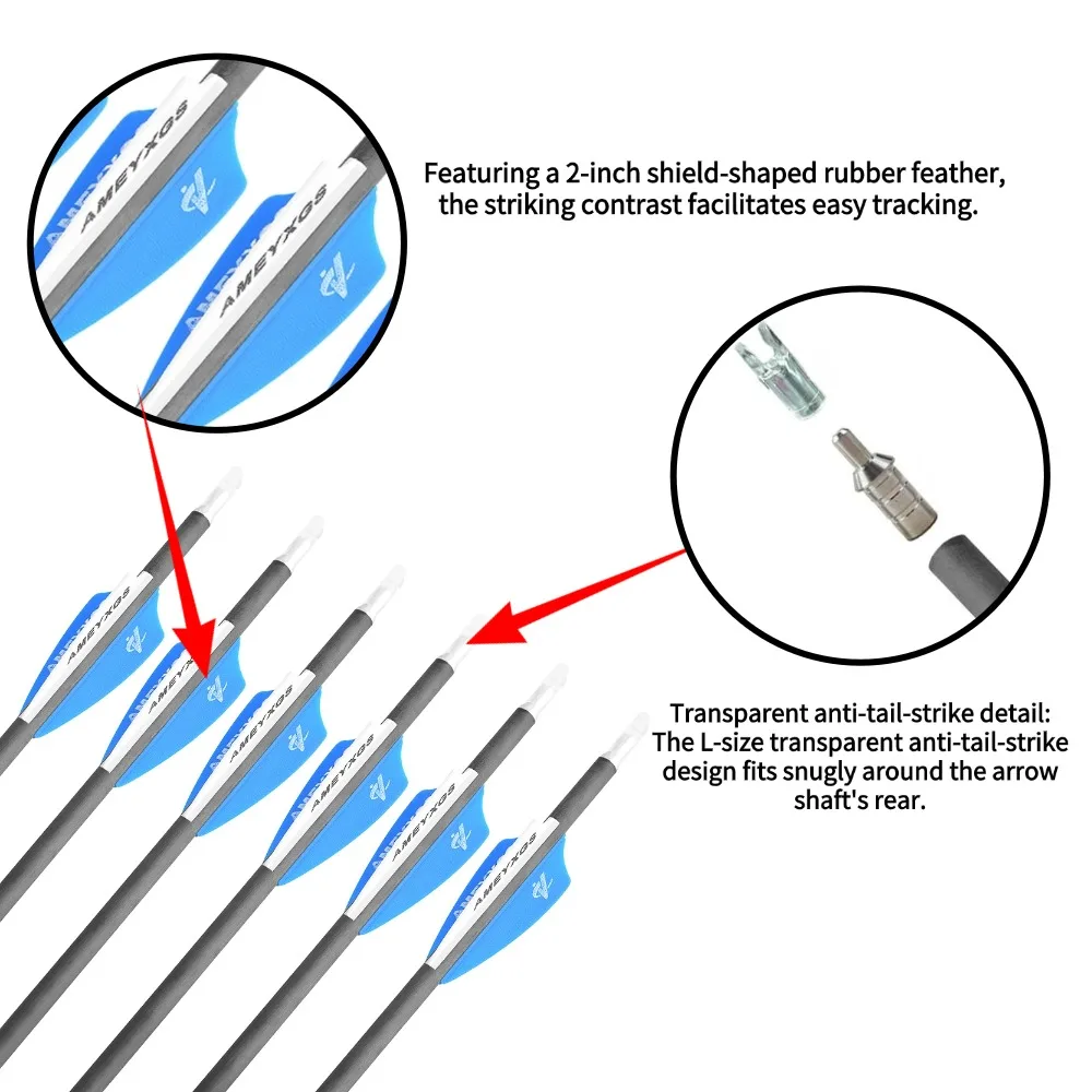 Flecha de carbono para columna vertebral, 12 Uds., 500/600/900 ID4.2mm, escudo de 2 pulgadas, pluma de goma, accesorios esenciales, tiro con arco, caza, entrenamiento - imagen 3