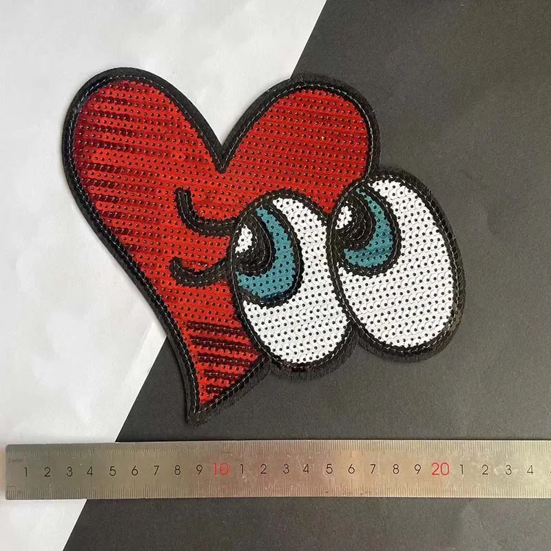 Parche termocollante de lentejuelas de dibujos animados, bordado de ojos en forma de corazón, parches para planchar, pegatinas para ropa, 17x16CM - imagen 5
