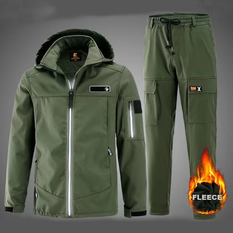 Pantalones de lana de invierno para hombre, chaquetas impermeables, Abrigo con capucha, chándal de piel de tiburón, pesca, senderismo, Camping, pantalones de escalada, trajes de esquí