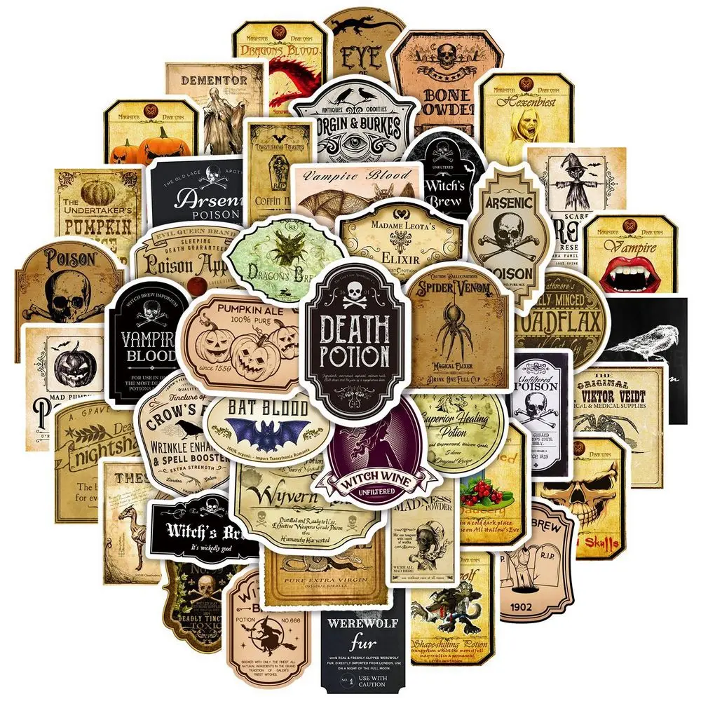 50 Uds. Etiquetas adhesivas para botellas de Halloween, poción mágica gótica de terror Retro, calcomanías Vintage para maleta, álbum de recortes, juguetes para portátiles - imagen 2