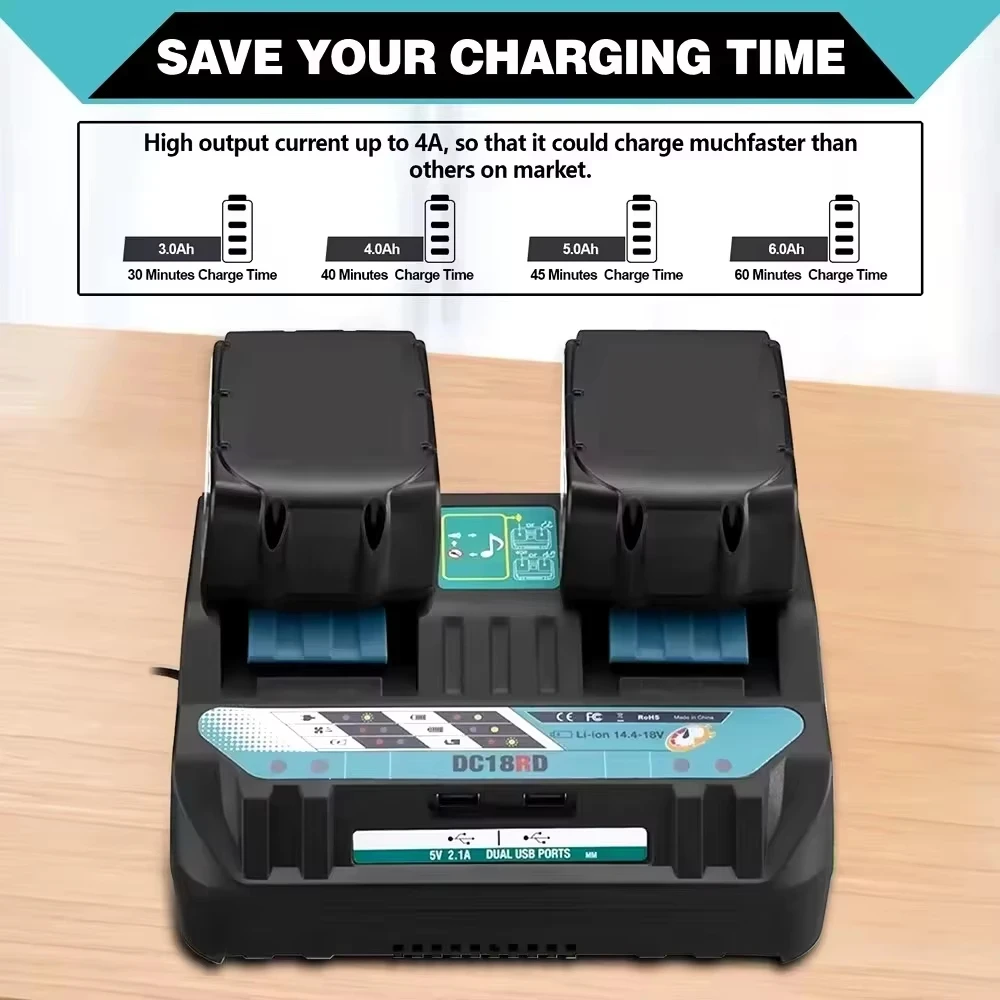 Cargador de batería de puertos duales 18V DC18RD para Makita 14,4 V 18V BL1830 Bl1430 DC18RC DC18RA herramienta eléctrica carga rápida - imagen 5