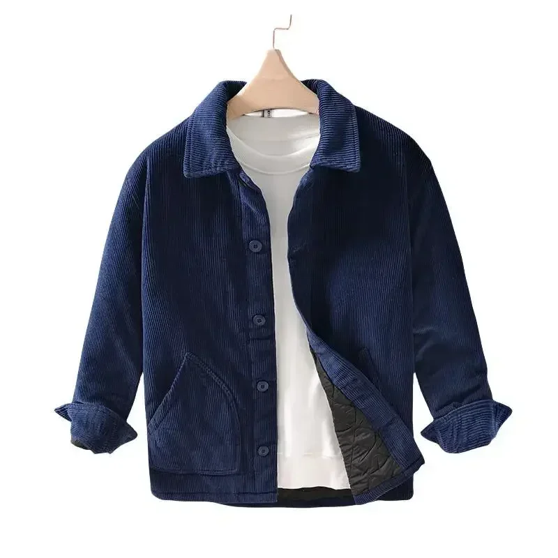 Otoño Invierno nueva chaqueta de algodón 100% para hombres abotonada abrigo Casual de pana prendas de vestir exteriores para hombres bolsillos ropa gruesa al aire libre - imagen 3