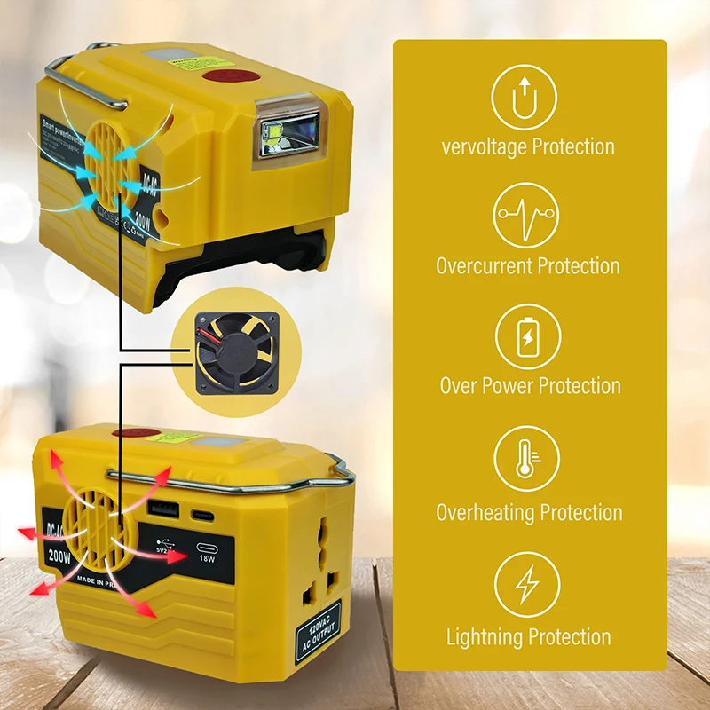 Inversor de corriente portátil para exteriores, dispositivo de 200W, 220V, batería de litio móvil con luz LED para batería de iones de litio Makita/Dewalt de 18V - imagen 5