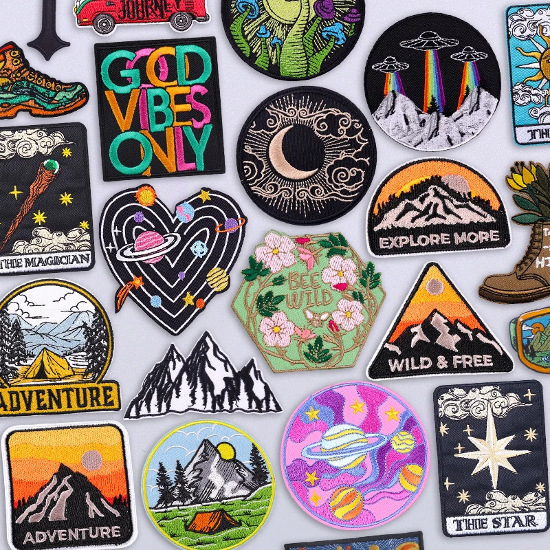 Parche bordado de paisaje espacial de planeta, parches bordados para exteriores, chaqueta, equipo de senderismo, diseño de galaxia y estrella, decoración de aventura natural