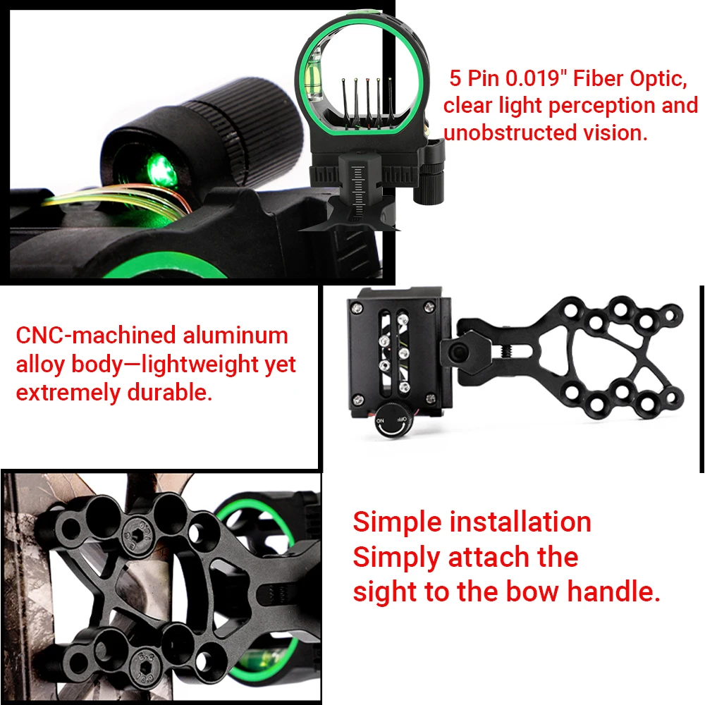 Mira telescópica L/R de 5 pines para tiro con arco compuesto, aleación de aluminio, 0,019 pulgadas, luz de puntería de fibra óptica, tiro con arco, objetivo de caza, 1 ud. - imagen 2
