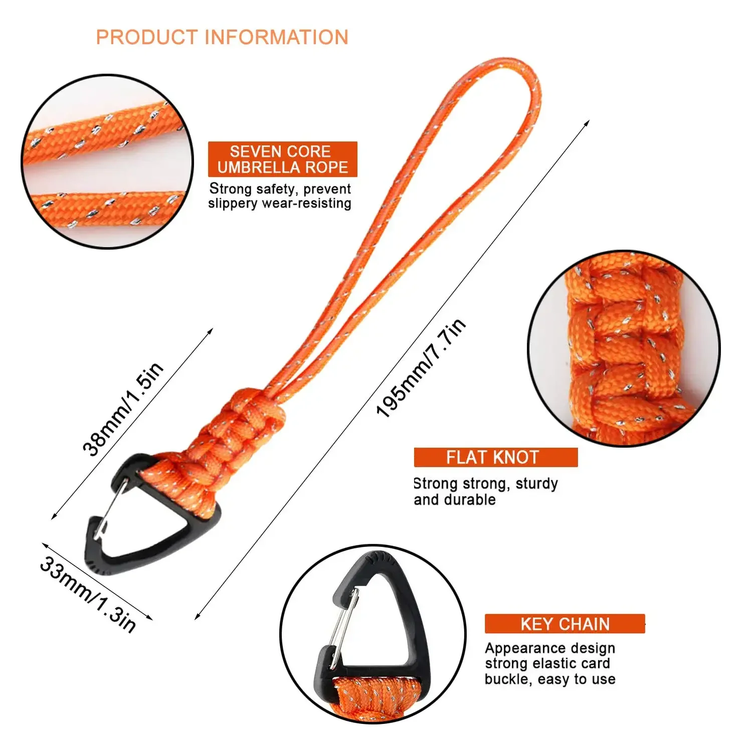 Llavero con cordón de Paracord con mosquetón triangular y correa trenzada, cuerda para muñeca antipérdida de 12/22/46cm para mochila/pesca/Camping - imagen 4