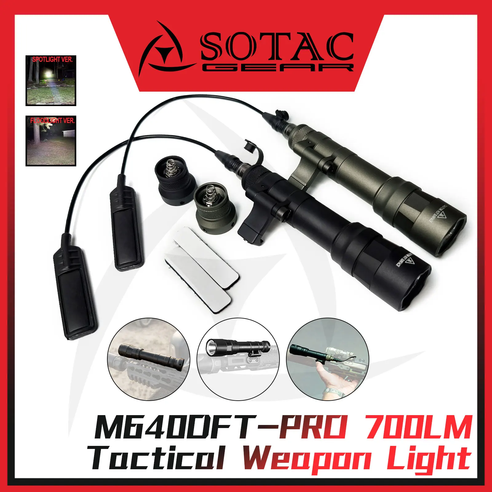 M640/M640DFT PRO Luz LED táctica de doble combustible Iluminación de caza de montaje lateral compensada