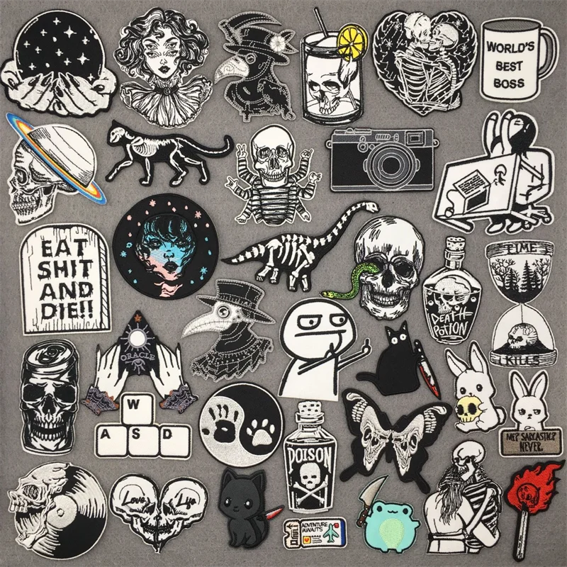 Parches bordados en blanco y negro para ropa, aplicación de calavera de botella Punk, parches para planchar, pegatinas para ropa de costura - imagen 2